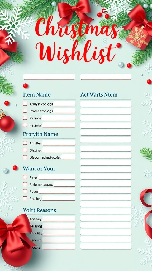 Christmas Wishlist Template A colorful Christmas wishlist template with sections for items and notes, decorated with holiday motifs.